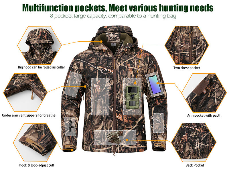 StealthCamo Waterproof Hooded Tactical Jacket - Warm Fleece, Windproof, Silent - Camouflage Jacket Readi Gear