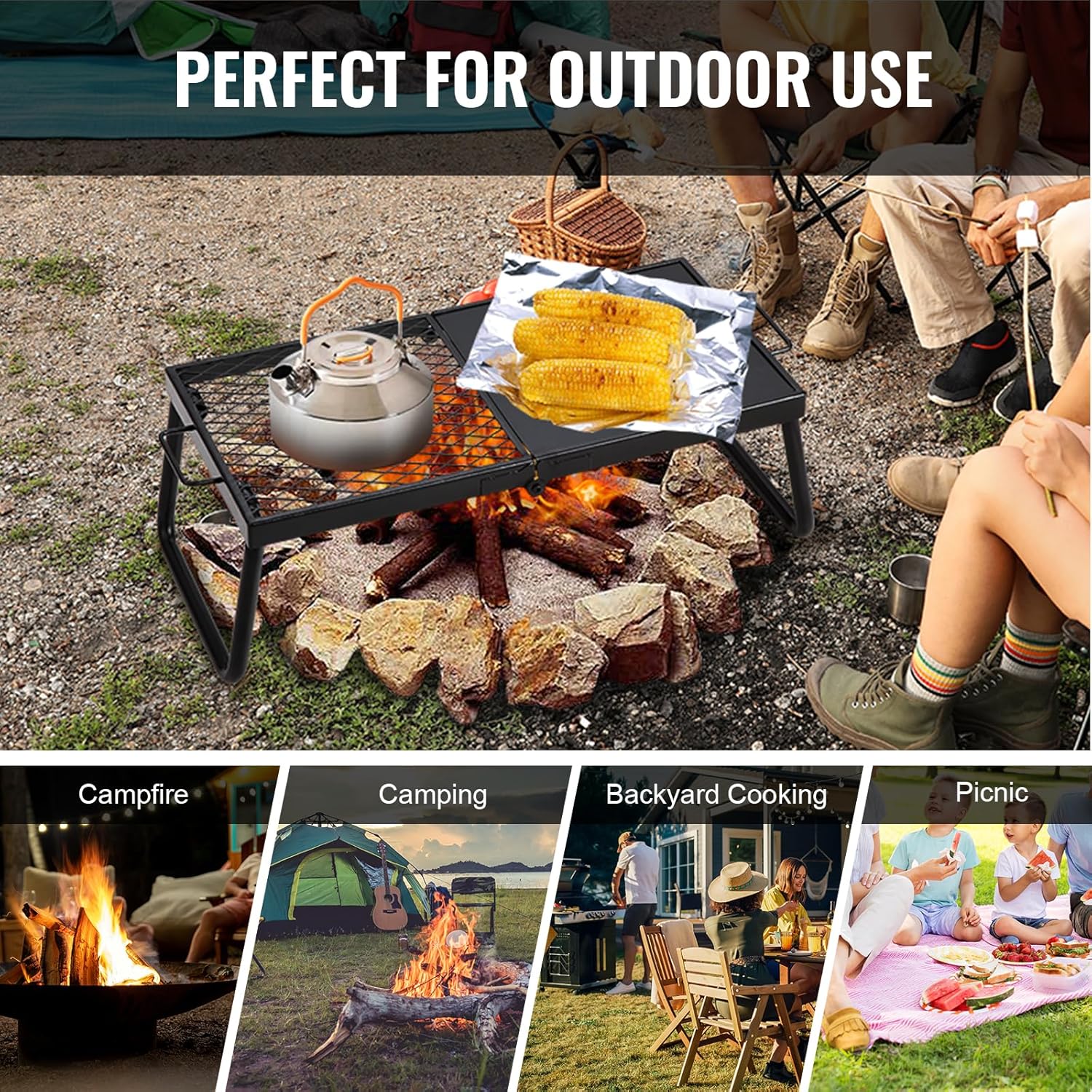 CampMate Foldable Grill & Griddle - Heavy Duty Fire Pit Cooking Rack - Foldable Campfire Grill Readi Gear