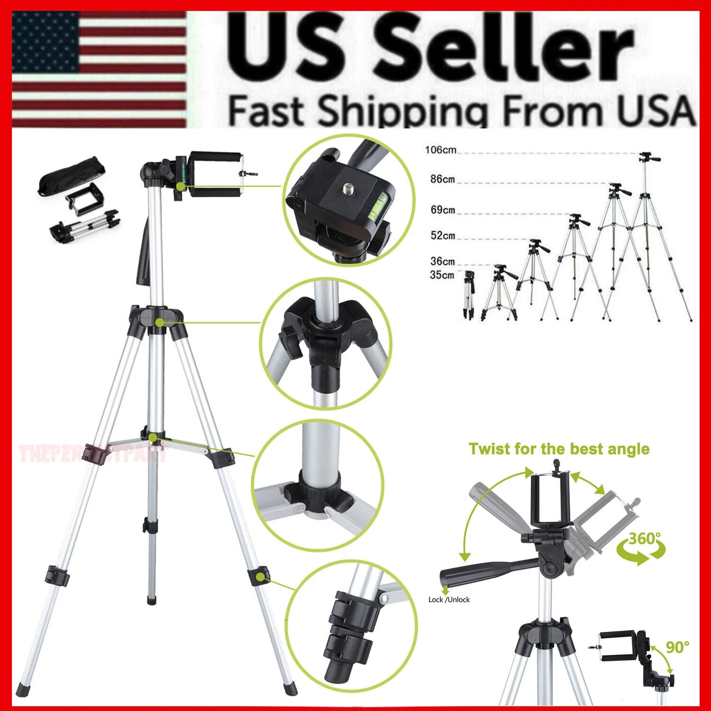 360° Swivel Camera Tripod Stand & Phone Holder for iPhone, Samsung + Bag - Readi Gear