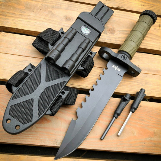 Tactical Survival Knife 12.5" w/ Fire Starter, Compass, & Sharpener - survival knife Readi Gear