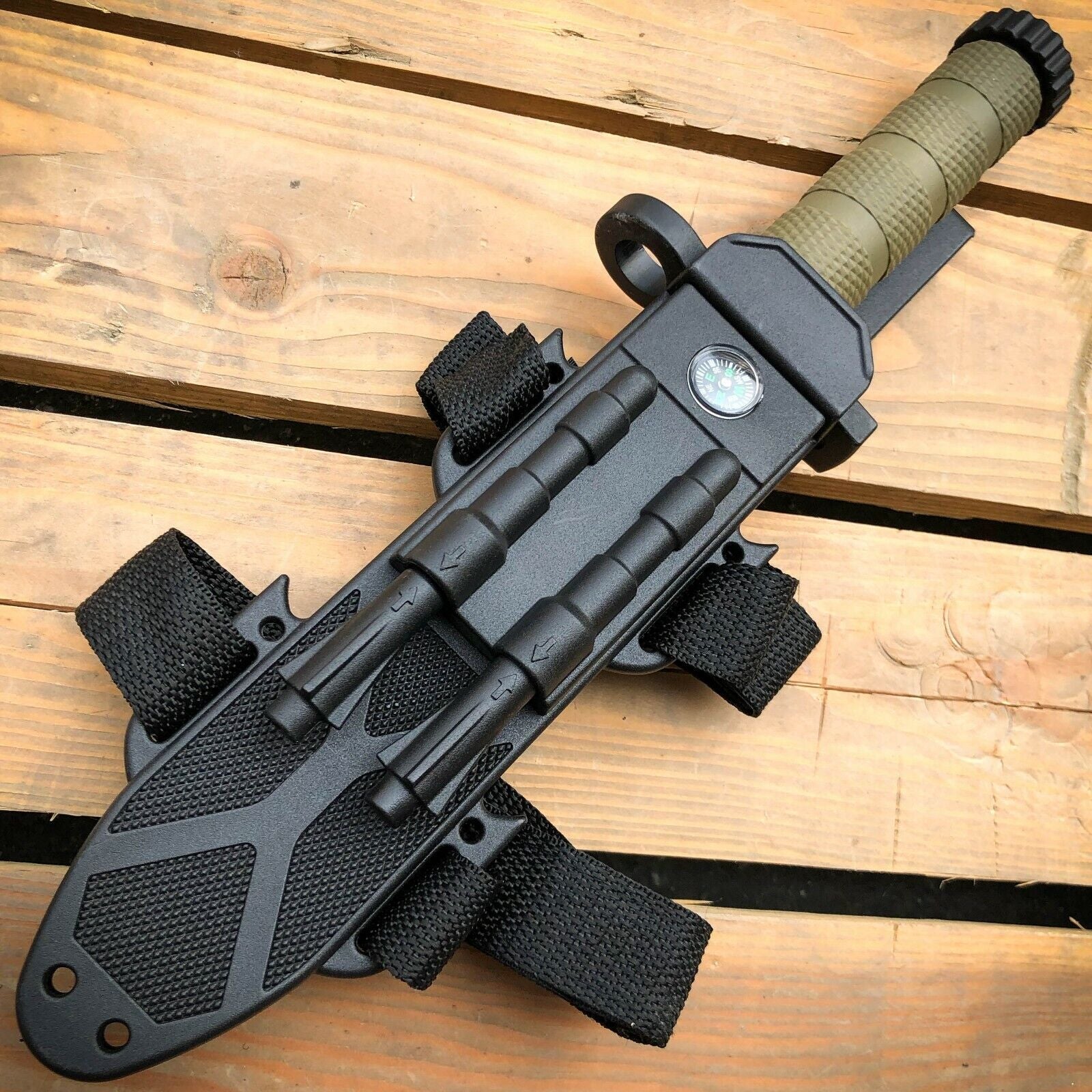 Tactical Survival Knife 12.5" w/ Fire Starter, Compass, & Sharpener - survival knife Readi Gear