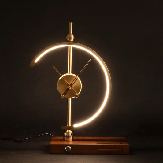 GoldenArc Desk Clock & Lamp – Modern Brass with Wireless Charger & USB - Readi Gear