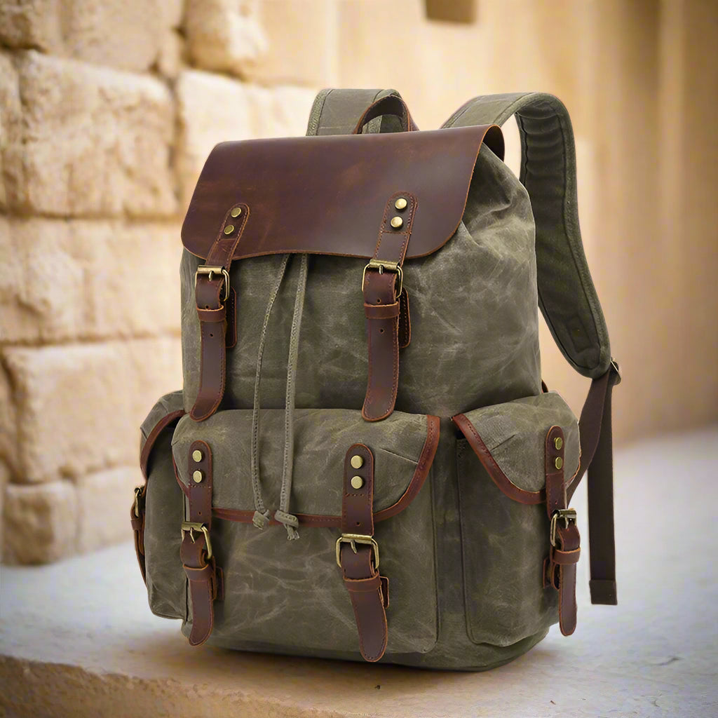 Luanzo waxed Canvas Rugzak met Leer Madison Legergroen - Luanzo tassen Luanzo waxed Canvas Rugzak met Leer Madison Legergroen - Luanzo tassen