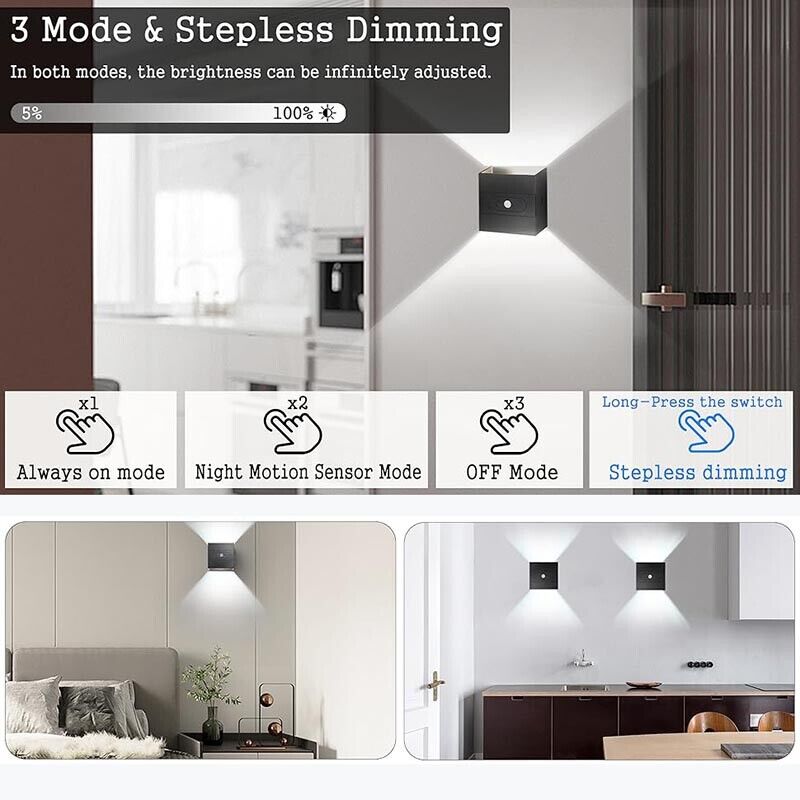 Motion Activated Wall Sconce – Battery Powered, USB Charging, Dimmable - 2 Pack