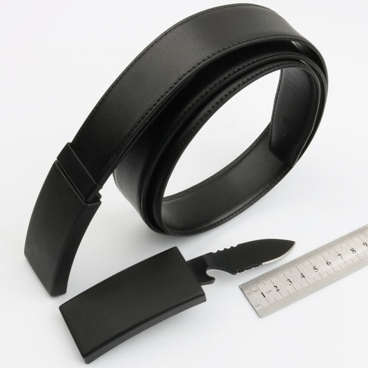 Close-up of concealed knife in StealthBelt buckle, perfect for discreet self-defense