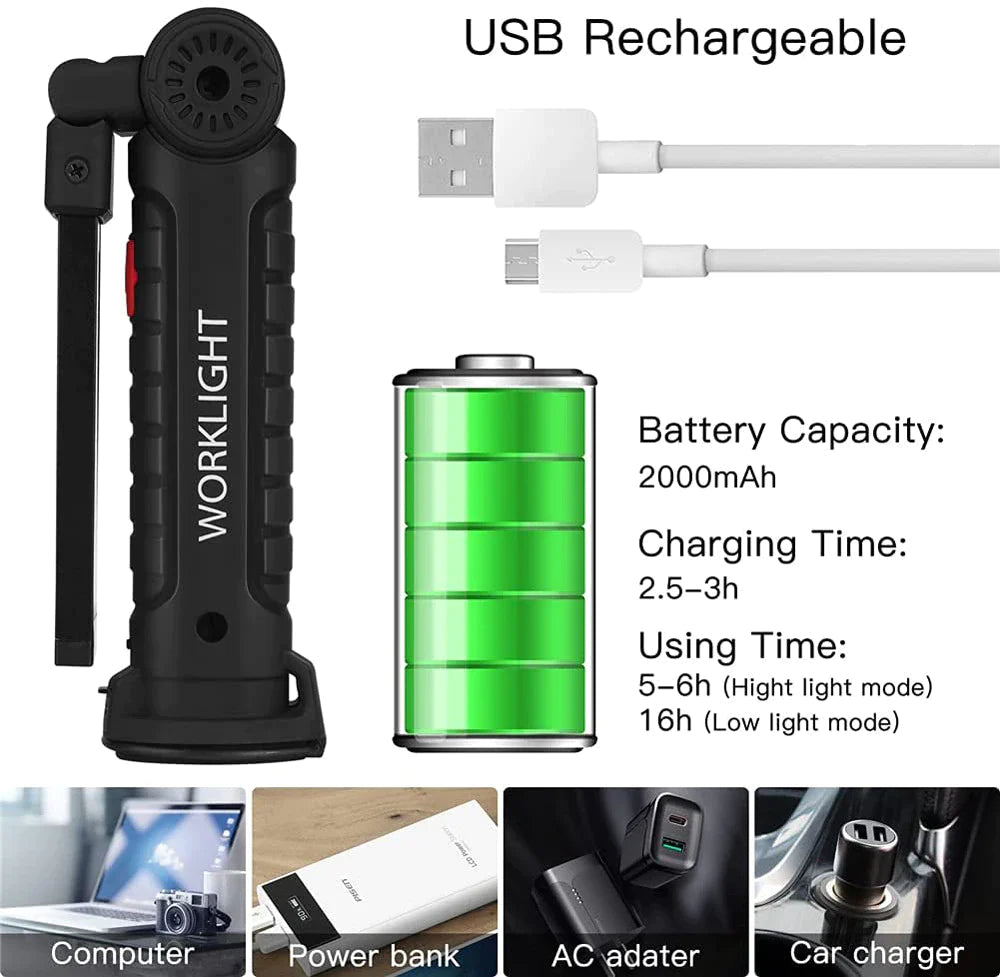 360° Rotating LED Work Light with 5 Modes, Hook and Magnetic Base - Work Light Readi Gear