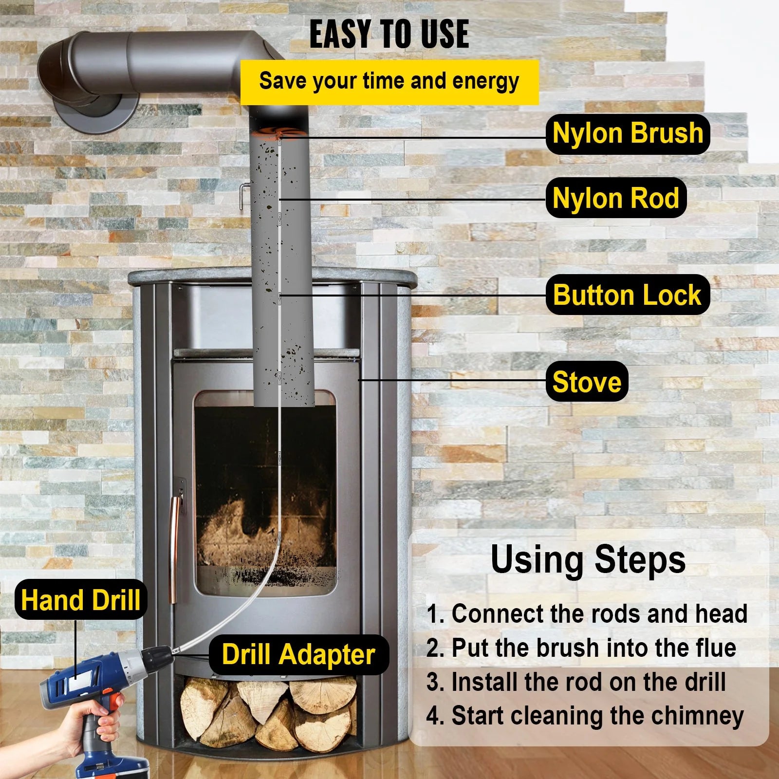 EasySweep 33ft Chimney Brush Kit – DIY Drill Cleaner System