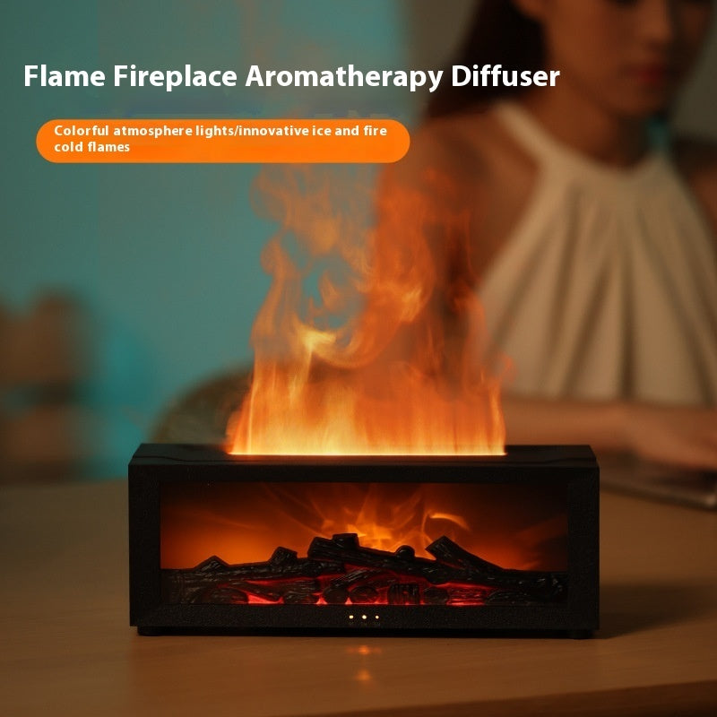 WarmGlow Mini Fireplace Diffuser on desk, cozy flame effect.