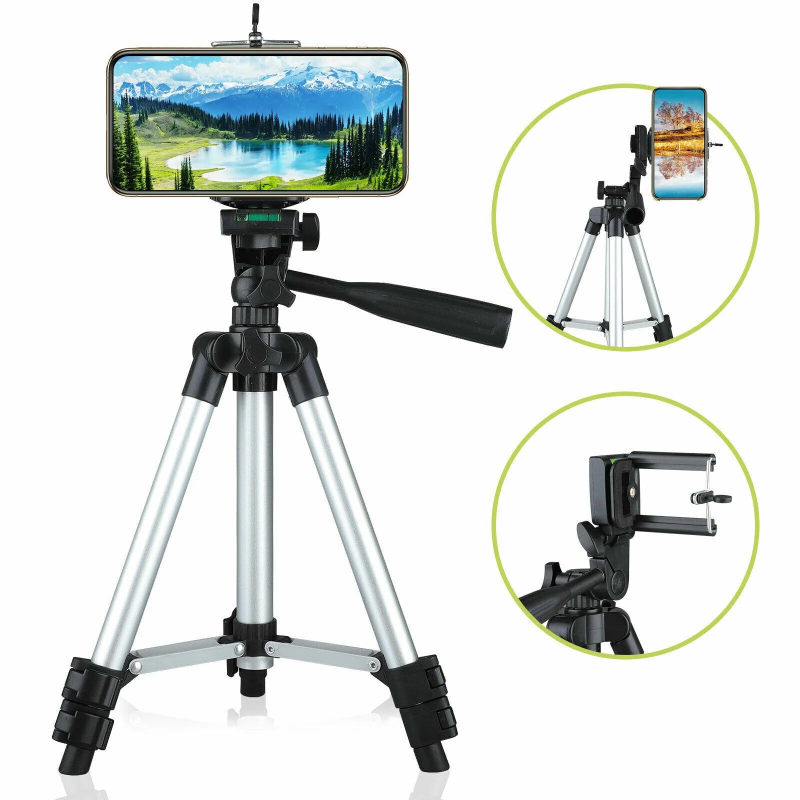 360° Swivel Camera Tripod Stand & Phone Holder for iPhone, Samsung + Bag