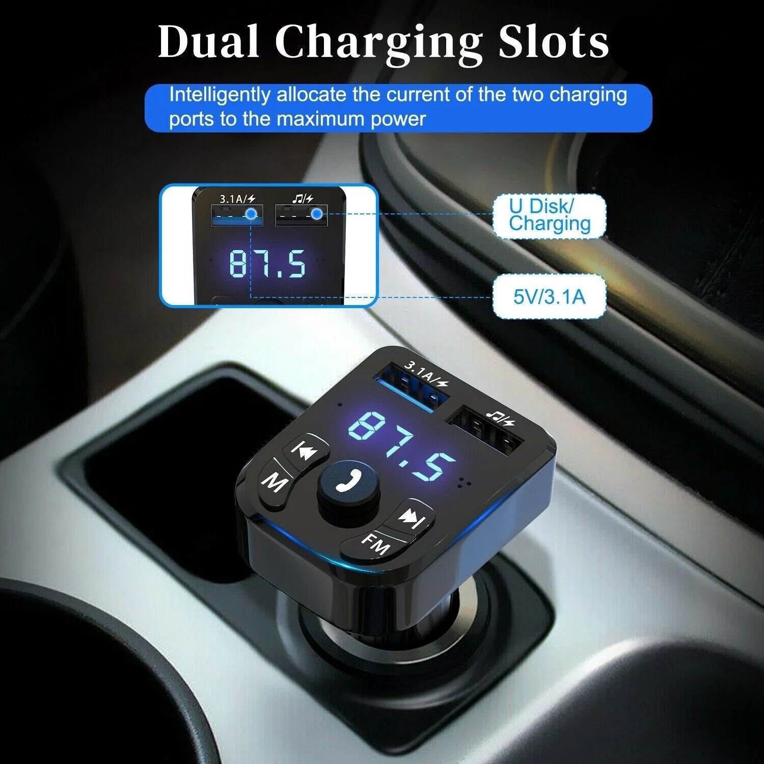 Bluetooth 5.0 Car FM Transmitter charging slots