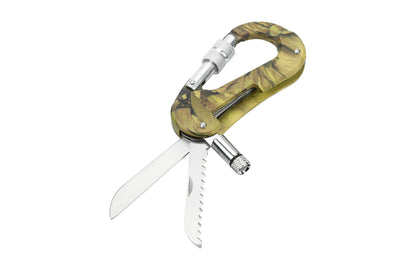 5-in-1 Tactical Camouflage Carabiner | Knife, Saw, LED Light & Keychain