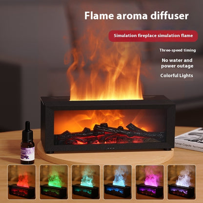 WarmGlow Mini Fireplace Diffuser on desk showing different color flames.