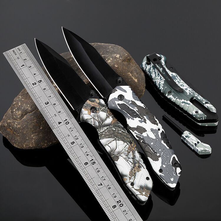 Camo Folding Survival Knife with Built-in Flint