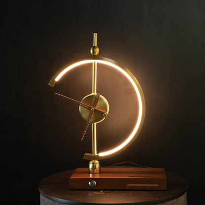 GoldenArc Desk Clock & Lamp – Modern Brass with Wireless Charger & USB