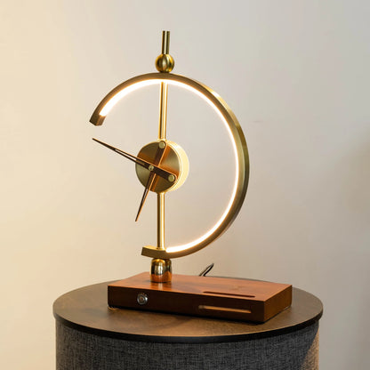 GoldenArc Desk Clock & Lamp – daytime view on end table.