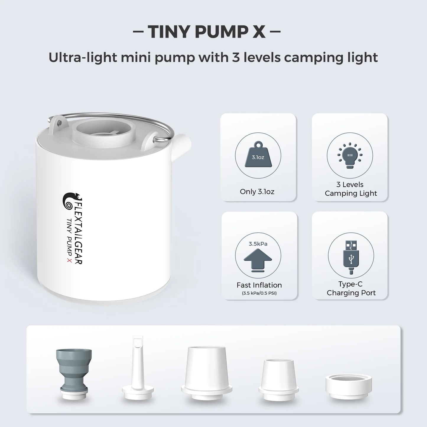 Ultra-Compact Air Pump & Camping Light, USB Rechargeable