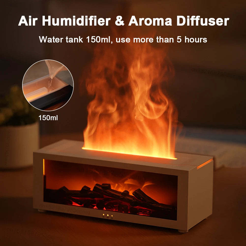 WarmGlow Mini Fireplace Humidifier and Diffuser on nightstand, 150ml.