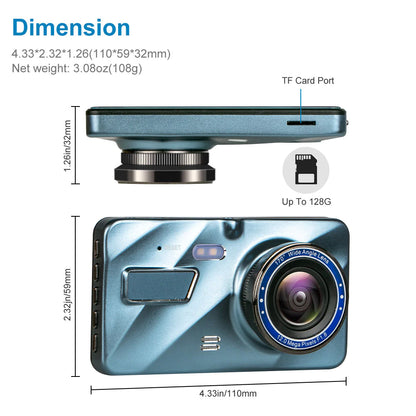 4” HD Touch Screen Dual Lens Dash Cam Recorder – Front & Rear Night Vision