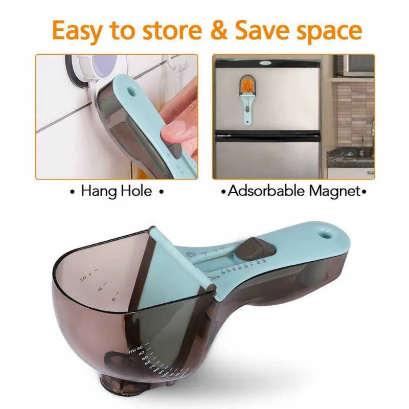 QuickMeasure measuring cups and spoons hanging on a refrigerator with hang hole and magnetic base for space-saving storage