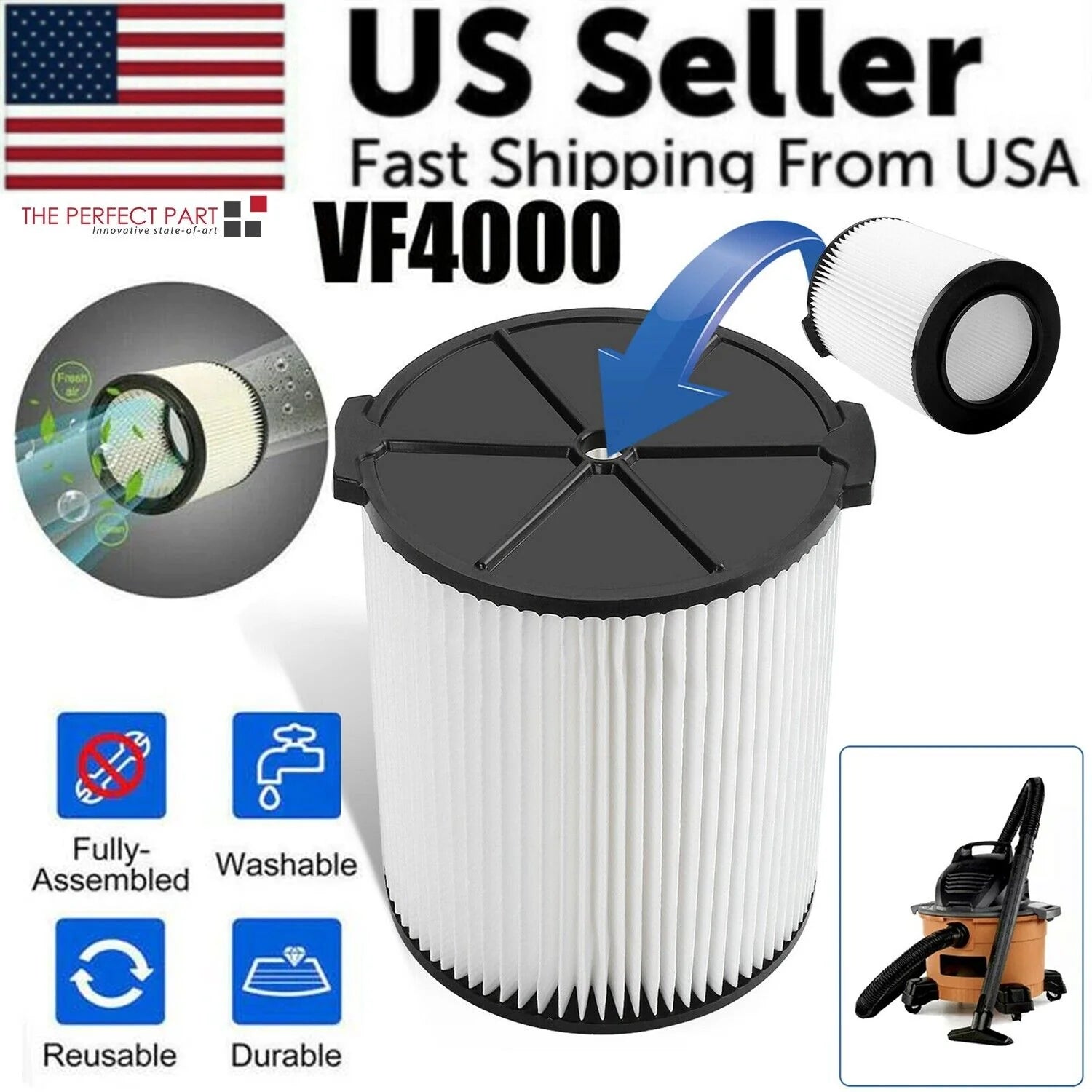 RIDGID VF4000 Wet/Dry Shop Vac Replacement Filter - Washable & Reusable (fits HUSKY & CRAFSTMAN Vacs)