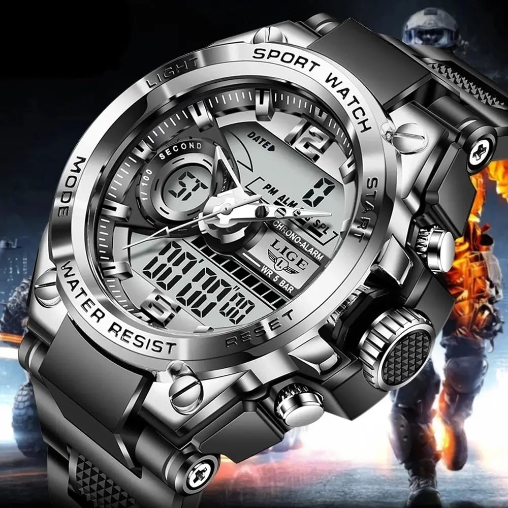 Lige SteelForce 50M Waterproof Military Sport Watch with LED