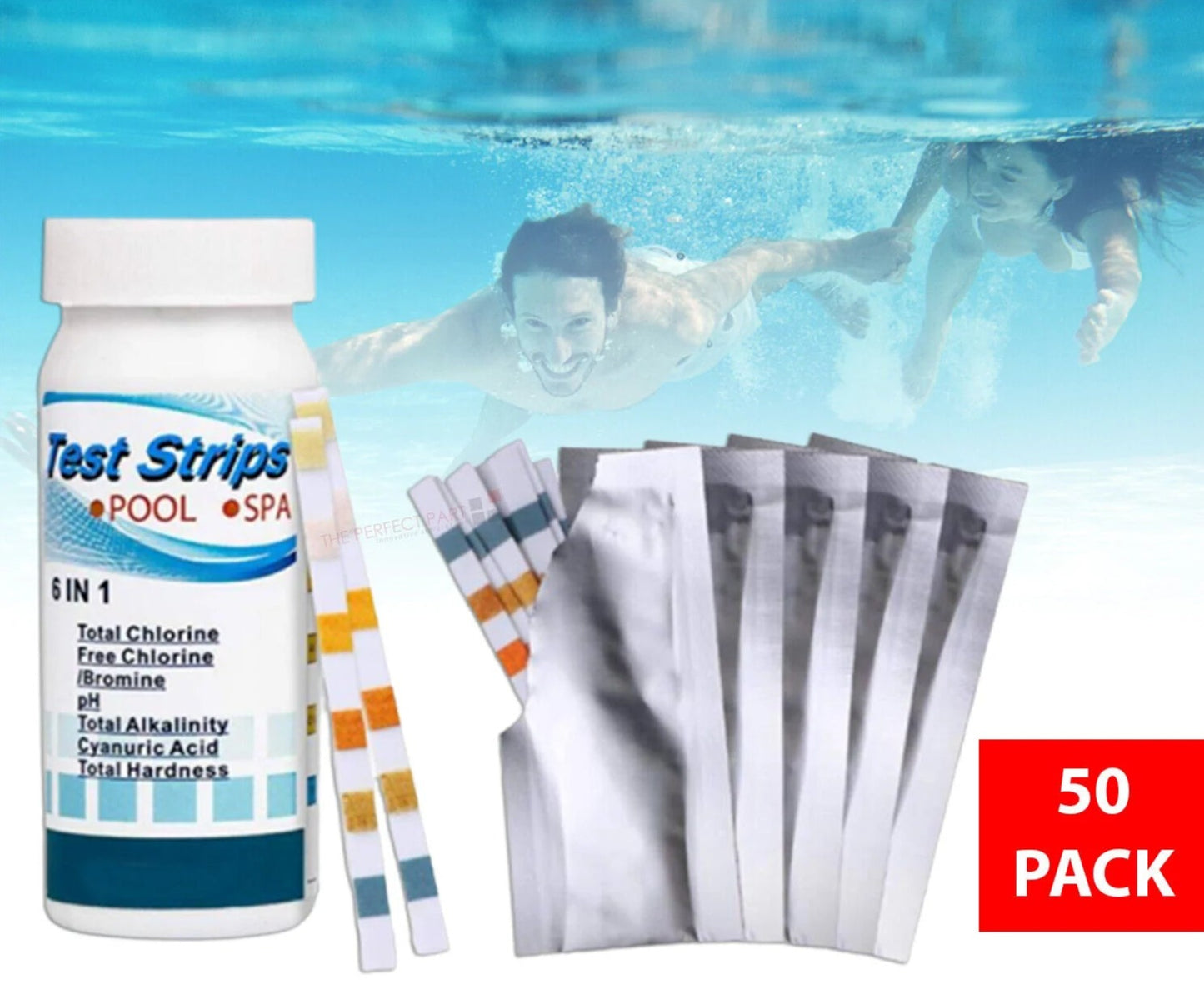 AquaGuard 6-in-1 Pool & Spa Test Strips - Fast Chlorine & pH Testing - 50 Pack