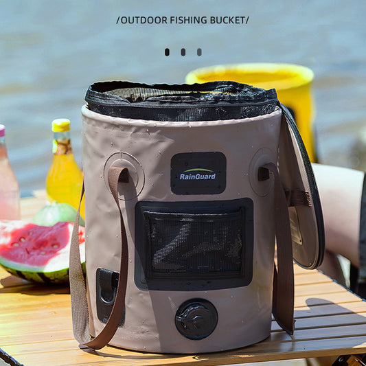 Collapsible Fishing & Camping Bucket - 25L with Mesh Bag Insert & Side Pocket