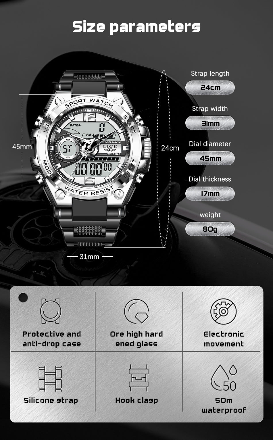 Lige SteelForce 50M Waterproof Military Sport Watch with LED