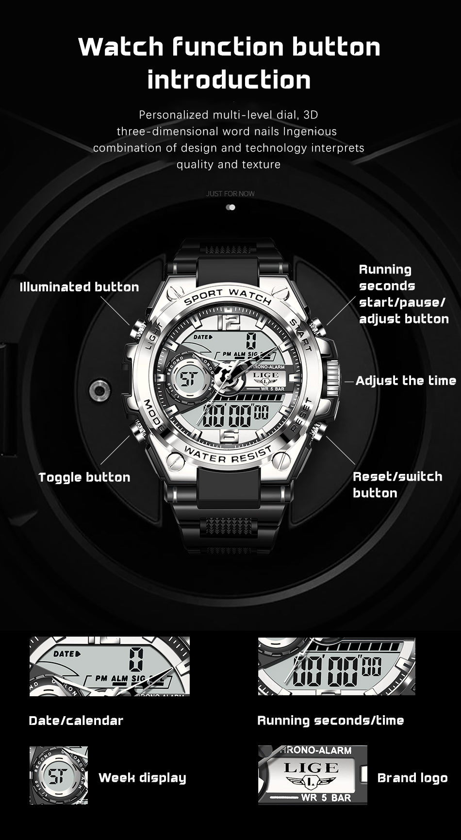 Lige SteelForce 50M Waterproof Military Sport Watch with LED