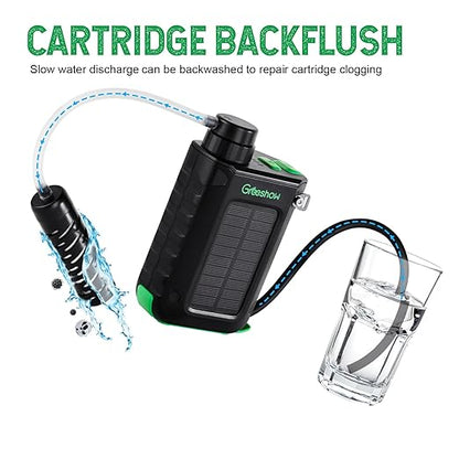 Portable Survival Water Filter, Power Bank & LED Light - Solar, USB, Hand Crank Powered