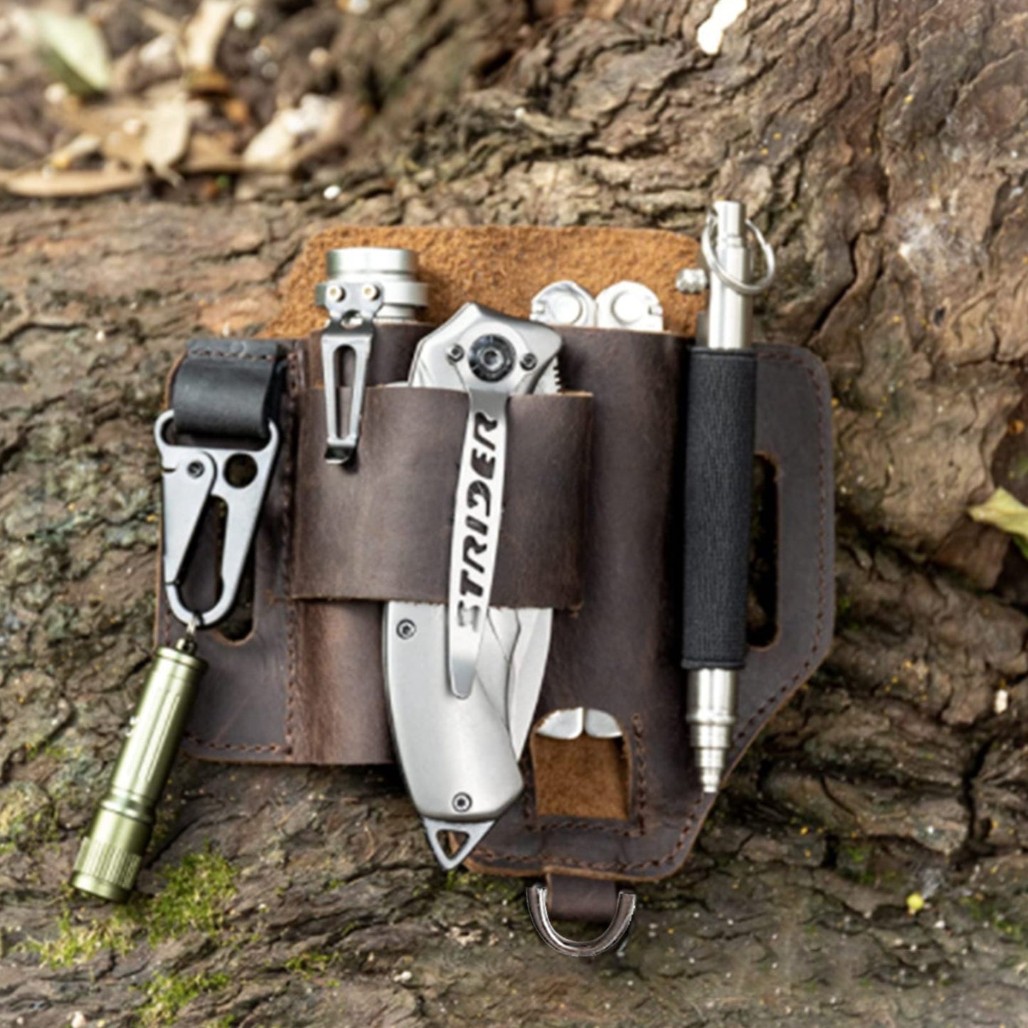 EDC Leather Multitool Organizer - Tactical Belt Sheath Holder, shown with tools