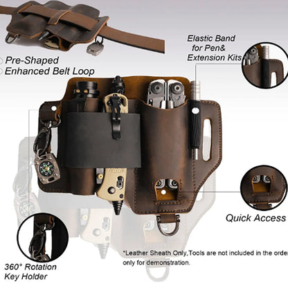 EDC Leather Multitool Organizer - Tactical Belt Sheath Holder, showing all features