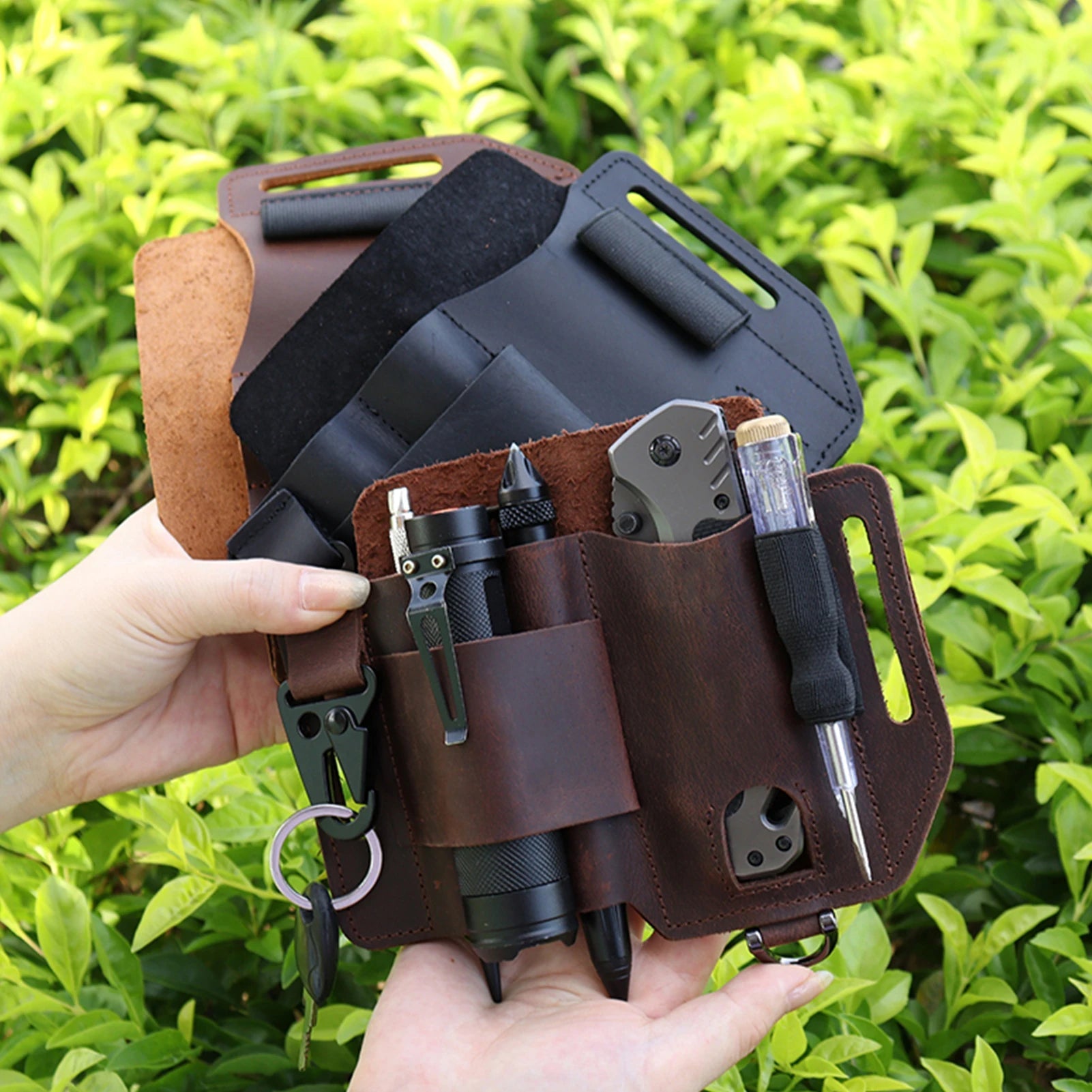 EDC Leather Multitool Organizer - Tactical Belt Sheath Holder, close-up with tools and different colors