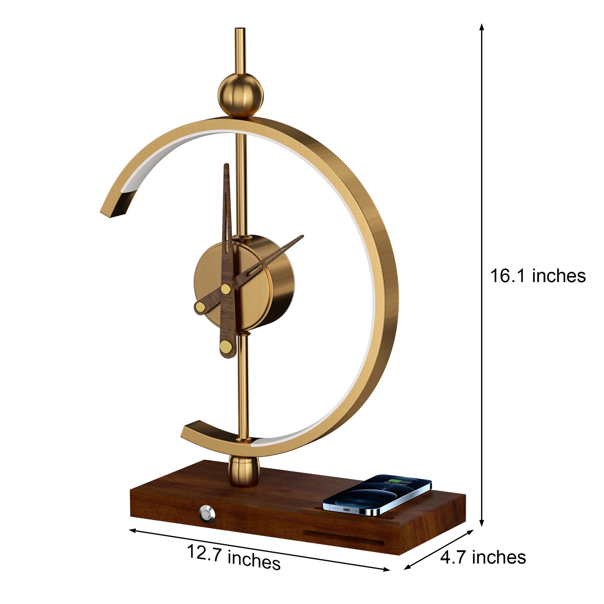 GoldenArc Desk Clock & Lamp – product dimensions.