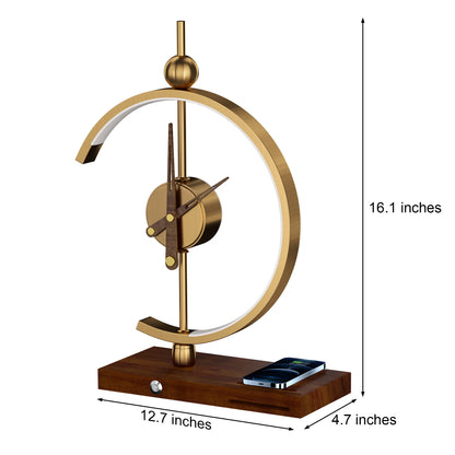 GoldenArc Desk Clock & Lamp – Modern Brass with Wireless Charger & USB