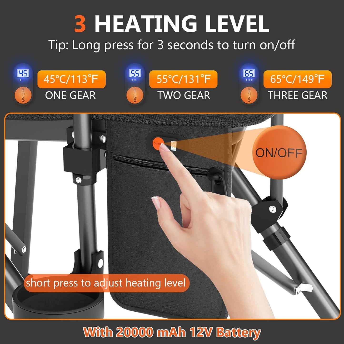 MaxHeat 3-Zone Heated Camping Chair - 3 heating levels with instructions, battery