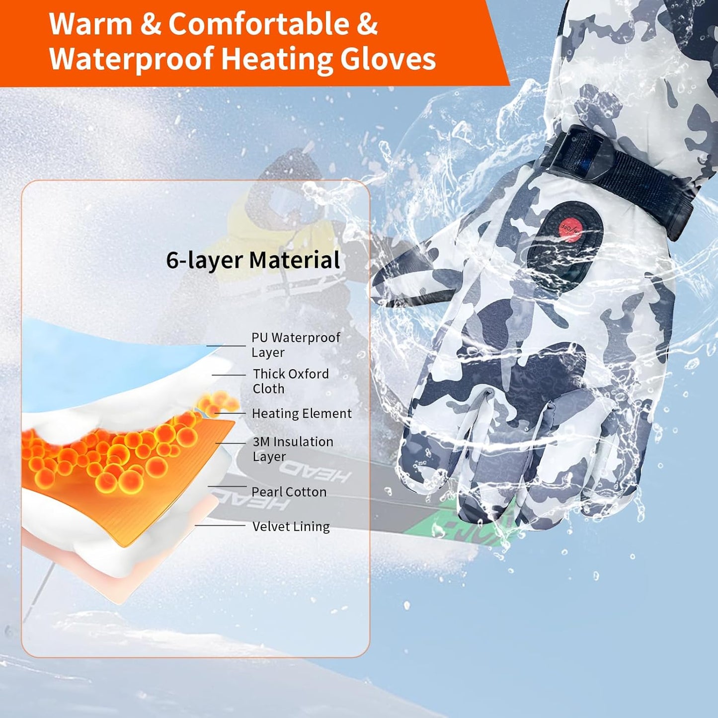 SnowStealth USB Rechargeable Heated Ski/Hunting Gloves - Waterproof Heating Gloves