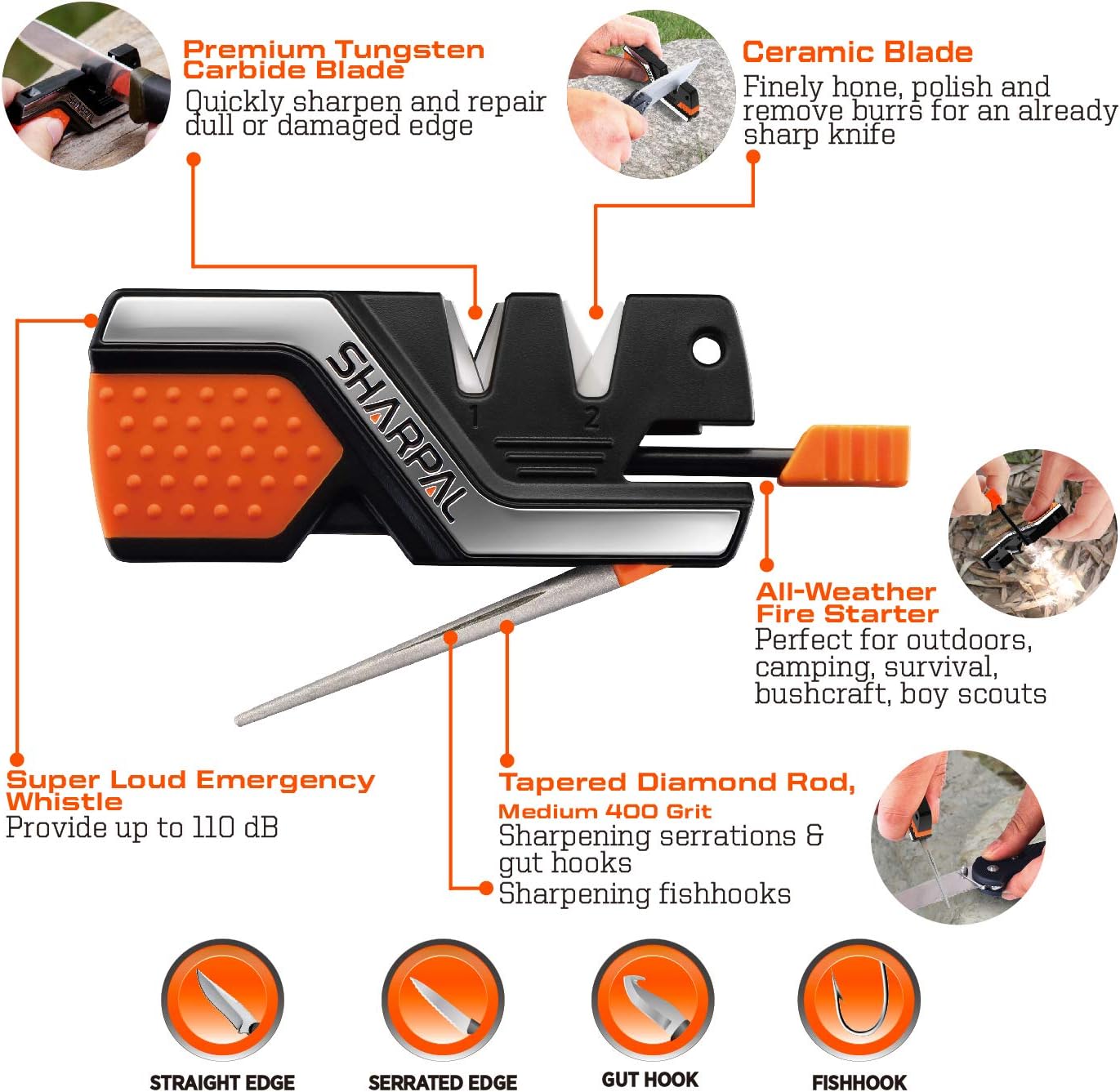 6-in-1 Knife Sharpener/Fire Starter & Garden Blade Tool Sharpening Set