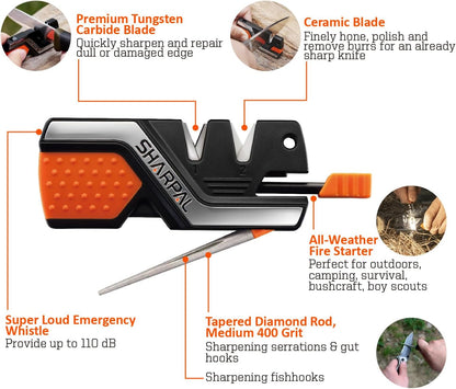 6-in-1 Pocket Knife Sharpener & Survival Tool with Fire Starter, all 6 features highlighted.