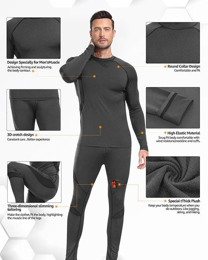 ThermoSkin Fleece-Lined Base Layer Set - Ultra Soft, Stretchy, Breathable