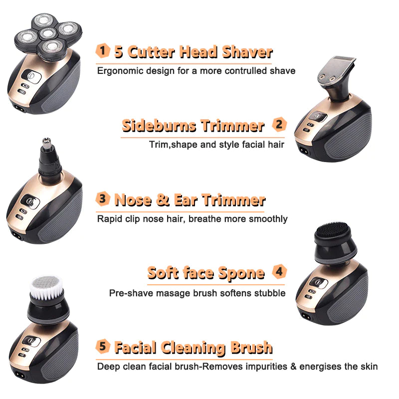 5-in-1 Electric Grooming Kit - 4D Shaver for Head, Beard, Nose & Body