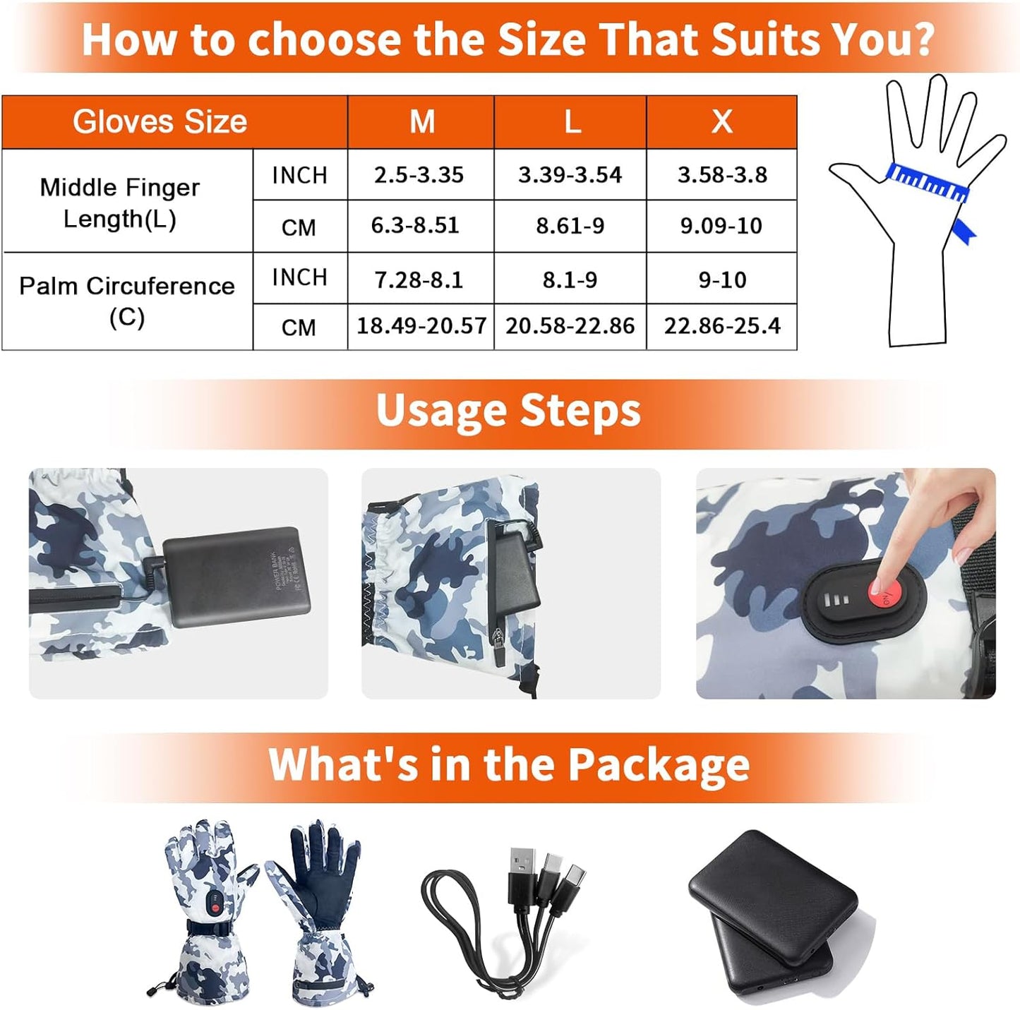 SnowStealth USB Rechargeable Heated Ski/Hunting Gloves - Size Chart