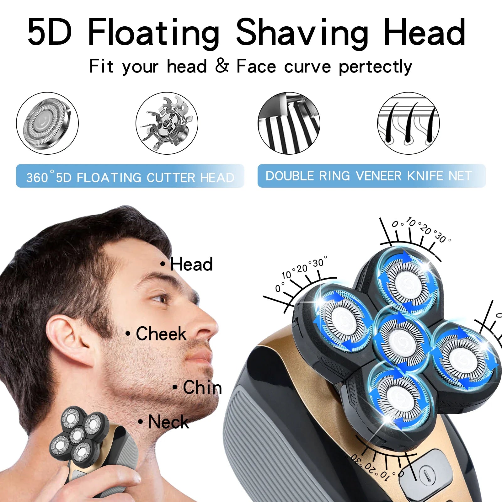 5-in-1 Electric Grooming Kit - 4D Shaver for Head, Beard, Nose & Body