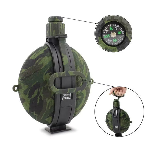 580ML Military Camouflage Water Bottle with Compass - Collapsible & Leakproof