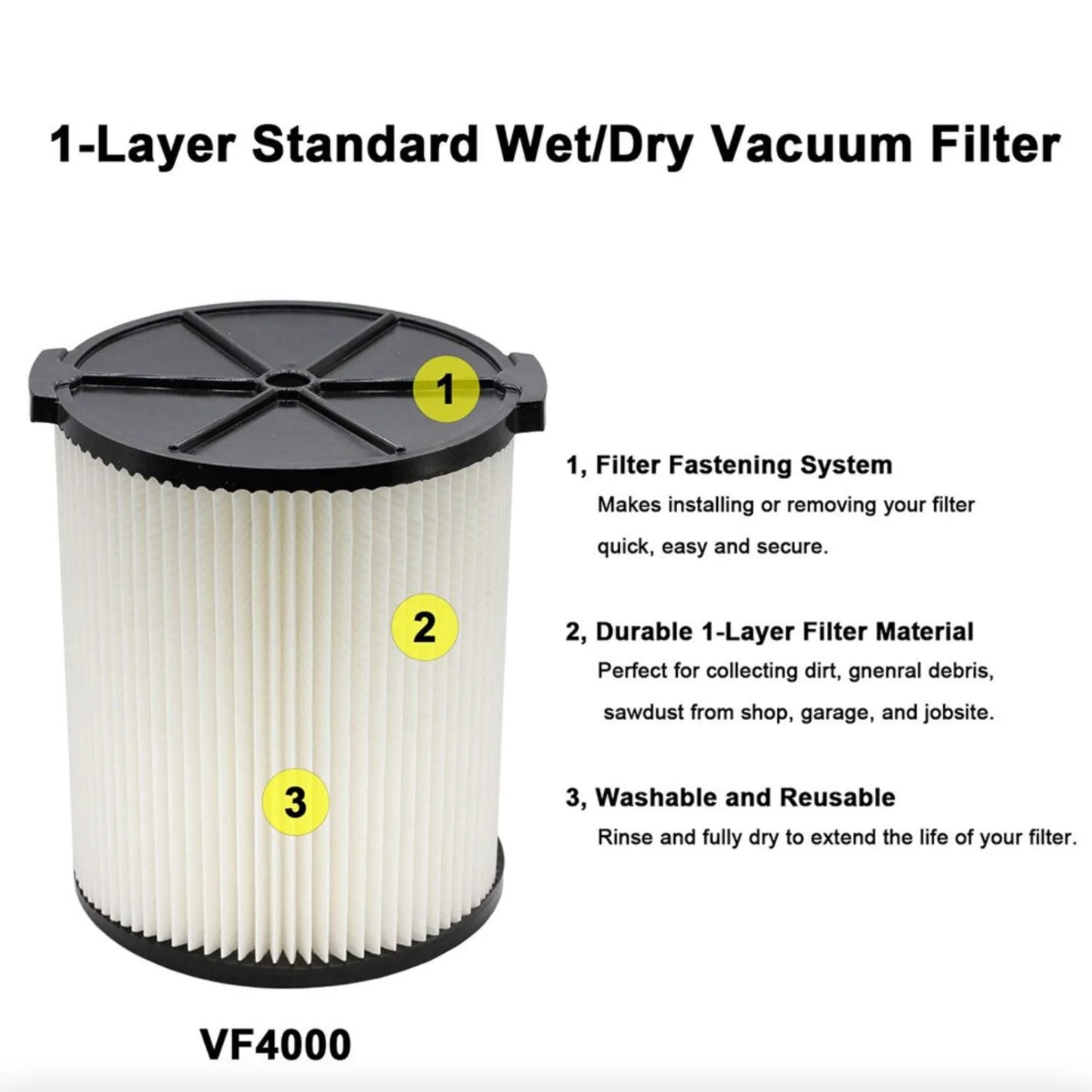 RIDGID VF4000 Wet/Dry Shop Vac Replacement Filter - Washable & Reusable (fits HUSKY & CRAFSTMAN Vacs)