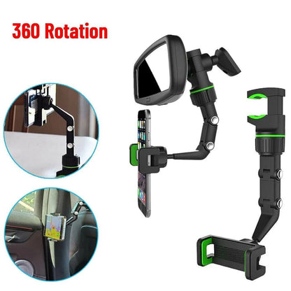 360° Rotating Rearview Mirror Phone Mount - Universal Car Clip