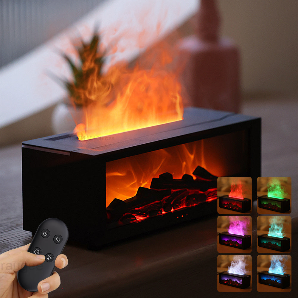 WarmGlow Mini Fireplace Diffuser with remote control.