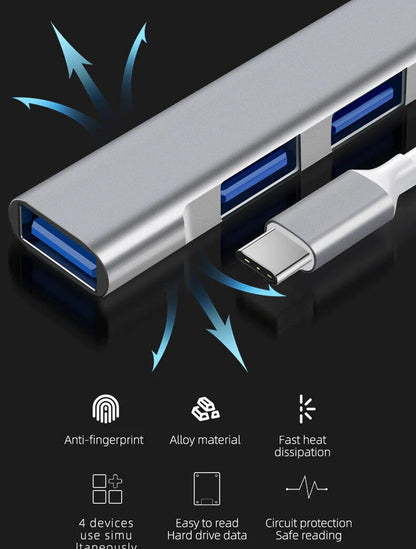 Fast 4 Port USB-C to USB 3.0 Hub Splitter for Mac, PC & Mobile Devices