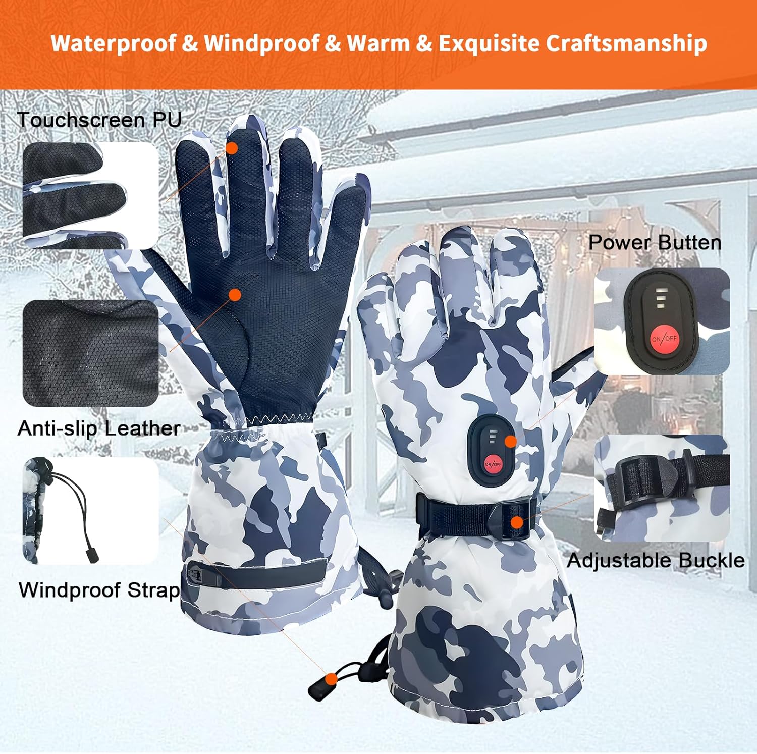 SnowStealth USB Rechargeable Heated Ski/Hunting Gloves - Waterproof and Windproof, showing features