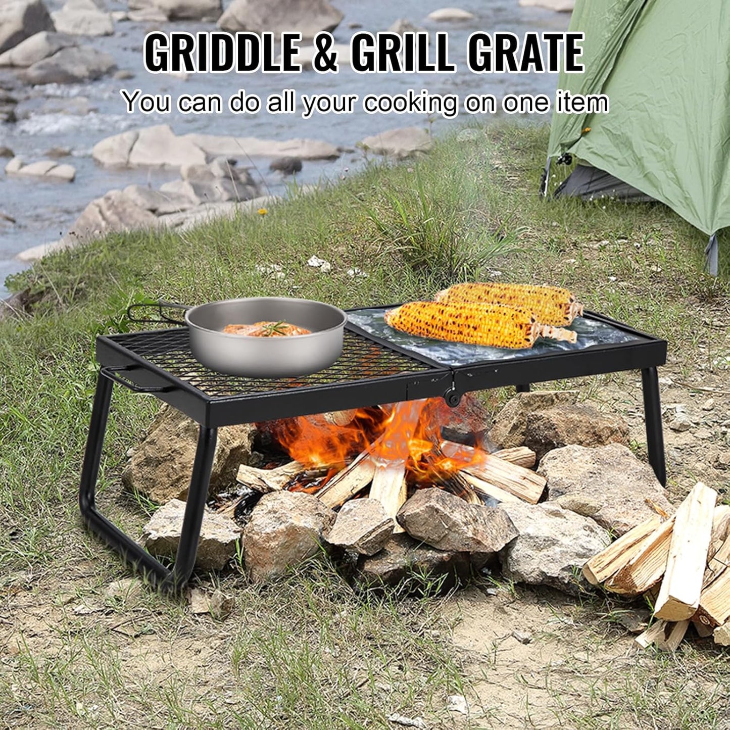 CampMate Foldable Grill & Griddle - Heavy Duty Fire Pit Cooking Rack